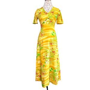 Vintage 70s Royal Hawaiian Yellow Tropical Floral Maxi Dress Empire Waist Hawaii
